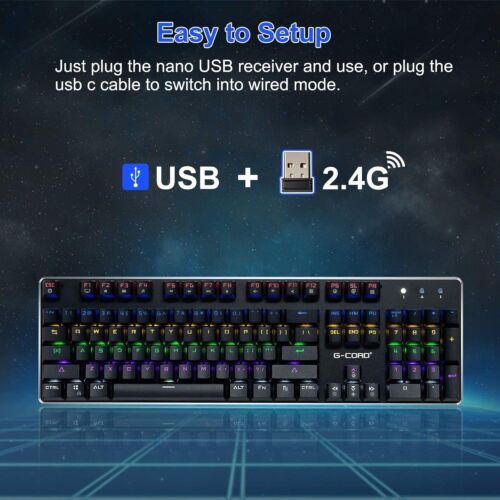 Wireless Gaming Keyboard Mechanical G-Cord Wired Keyboard LED Backlit 104 Keys - Image 2