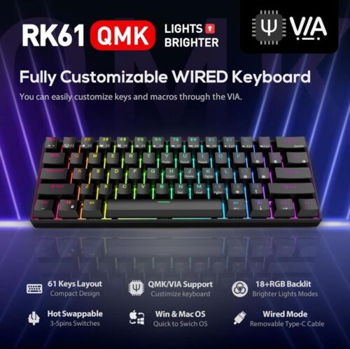UK Layout 60% True Mechanical Gaming Keyboard Type C Wired 14 Chroma RGB Backlit