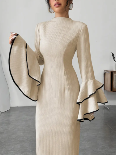 Beige Bubble Sleeve Dress High Neck A-Line Flared Cuffs Women's Fashion Clothing - Image 7