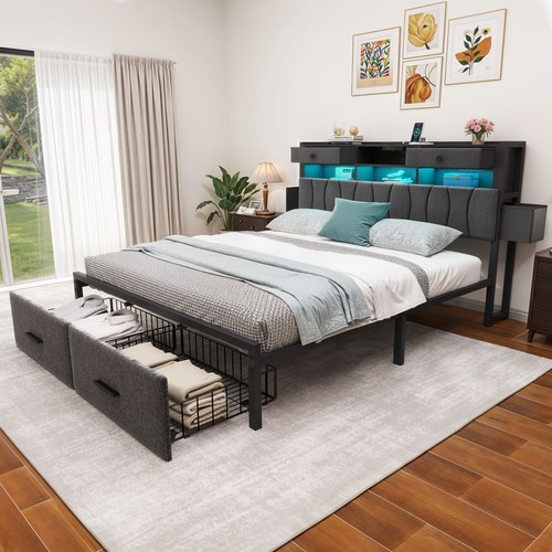 Queen Size Upholstered Platform Bed with Big Headboard, Bedroom Furniture, Velve