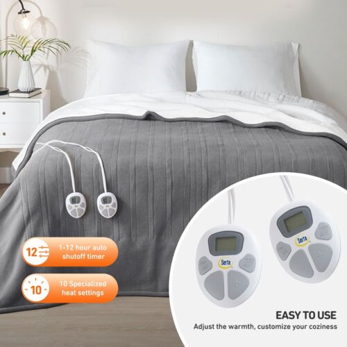 Serta Electric Blanket Fleece to Sherpa Heated Throw Blanket in Queen Twin King