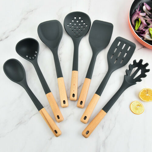 Kitchen Utensil Set of 7 Silcone Wood Handle Heat Resistant Flexible Silicone - Image 2