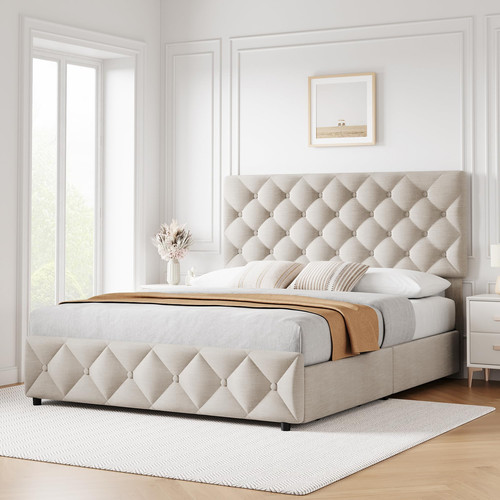 Queen Size Upholstered Platform Bed with Big Headboard, Bedroom Furniture, Velve
