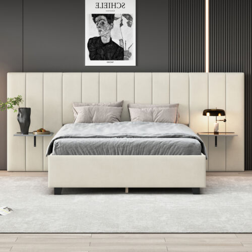 Queen Size Upholstered Platform Bed with Big Headboard, Bedroom Furniture, Velve - Image 2