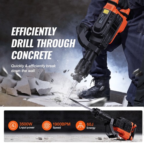 Demolition Jack Hammer Concrete Breaker 3500W Electric 2 Chisel Bits Black - Image 2