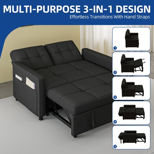 55" Black Sleeper Sofa 3 in 1 Convertible Sofa Bed Loveseat Linen Futon Couch
