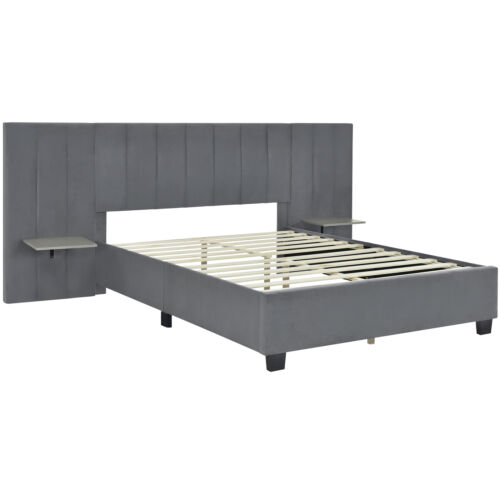 Queen Size Upholstered Platform Bed with Big Headboard, Bedroom Furniture, Velve - Image 2