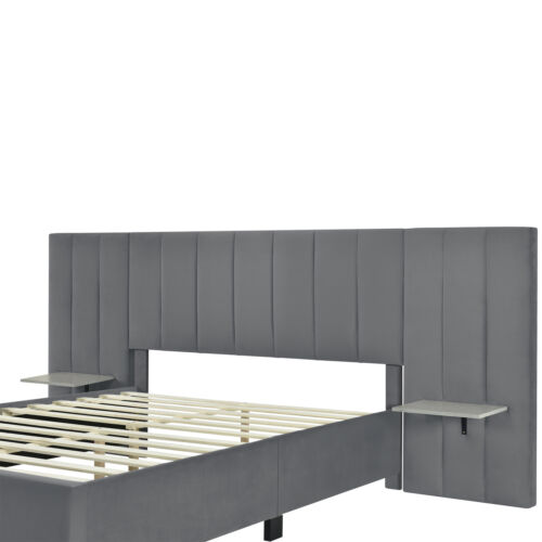 Queen Size Upholstered Platform Bed with Big Headboard, Bedroom Furniture, Velve - Image 5