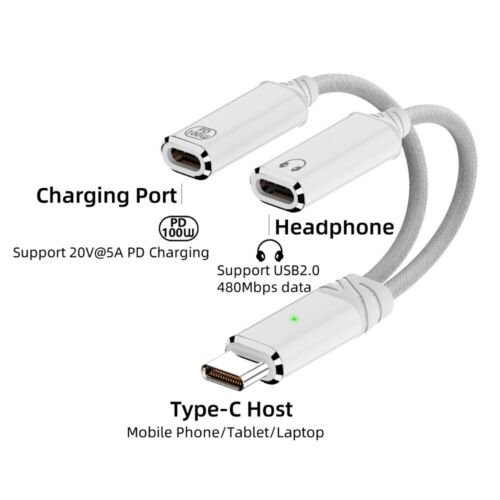 PD 100W USB-C Splitter Fast Charging Heaphone Converter  Mobile Phone