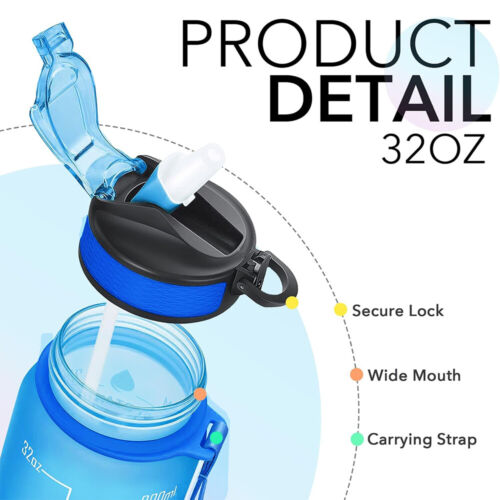 32oz Motivational Drinking Water Bottle with Time Marker Straw Fitness Sports - Image 29