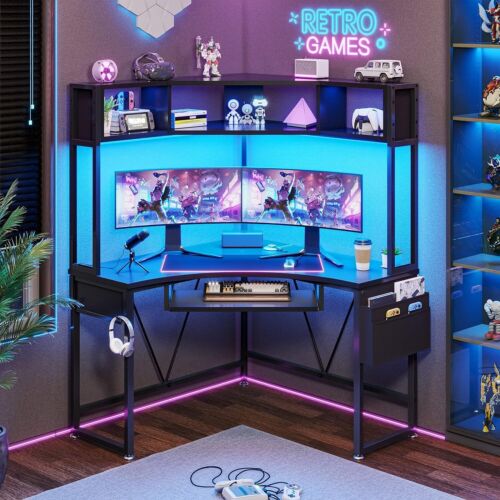 Triangle Corner Computer Desk with Keyboard Tray Home Office Desk w/ LED Lights