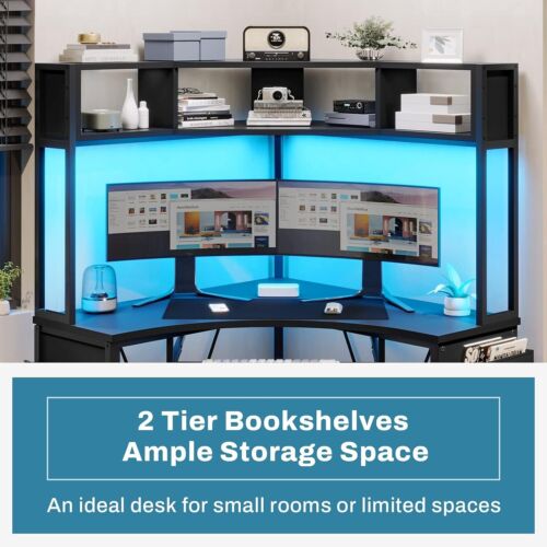 Triangle Corner Computer Desk with Keyboard Tray Home Office Desk w/ LED Lights - Image 7