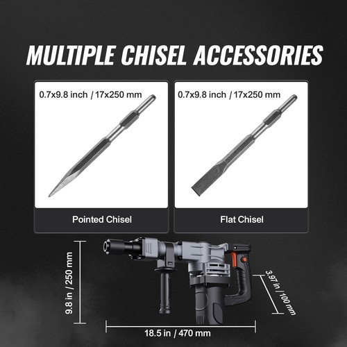 Demolition Jack Hammer Concrete Breaker 1400W Hammer 2 Chisel Bit Black - Image 3