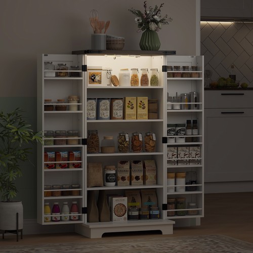 HOMCOM Kitchen Pantry Cabinet with Sensing LED Light Storage Cabinet White - Image 13