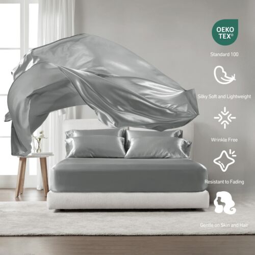 Madison Park 6PC Satin Bed SheetSet Luxurious Silky Fits 14-16" Mattress Bedding