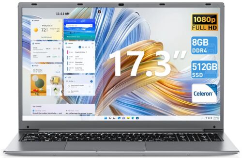 SGIN 17.3" Laptop 8GB RAM 512GB SSD Intel Celeron Dual-Core 2.50 GHz HD 1080P