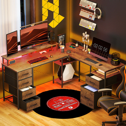 63" L Shaped Desk, Convertible Home Office Desk with Drawer and Storage Cabinet