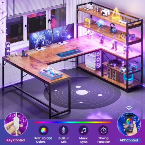 L Shaped Desk with Storage Shelves, 63” Reversible U Shaped Office Desk, Brown - Image 2