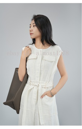 MASSIMO DUTTI Women's Clothing 100% Linen Slim Dress, Waist Denim Blue Dress - Image 4