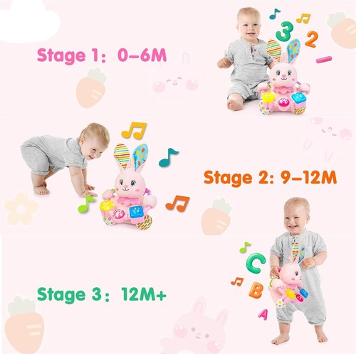 Bilingual Musical Rabbit Toy,Light-Up & Crinkle,Tummy Toy 0-12+ Mos,Pink - Image 3