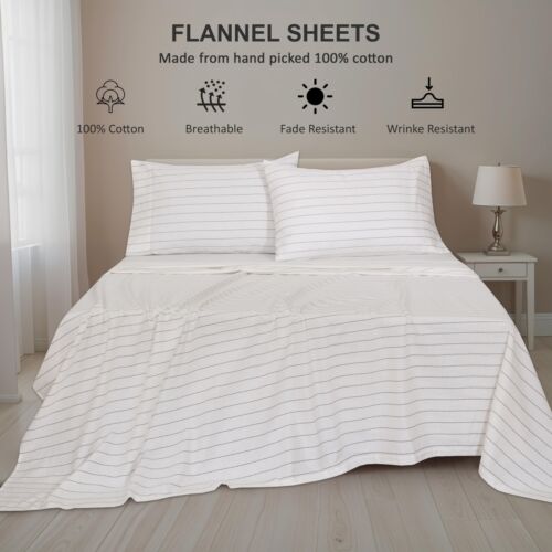 100% Cotton Flannel Sheet Set Deep Pockets Breathable Warm 170 GSM Cozy Soft - Image 135