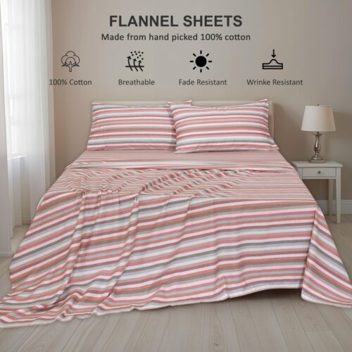 100% Cotton Flannel Sheet Set Deep Pockets Breathable Warm 170 GSM Cozy Soft - Image 157