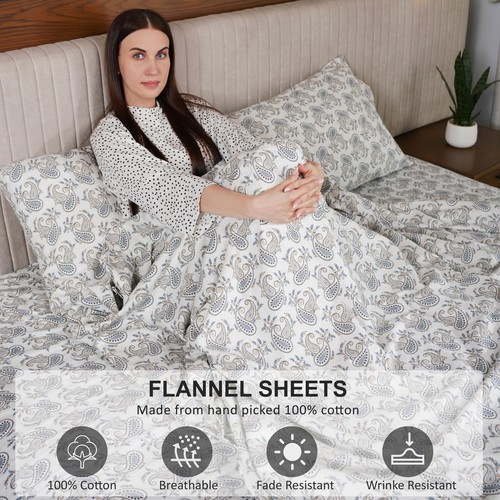 100% Cotton Flannel Sheet Set Deep Pockets Breathable Warm 170 GSM Cozy Soft - Image 231