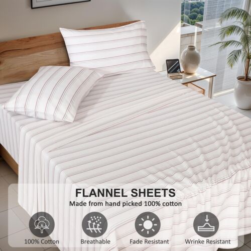 100% Cotton Flannel Sheet Set Deep Pockets Breathable Warm 170 GSM Cozy Soft - Image 262
