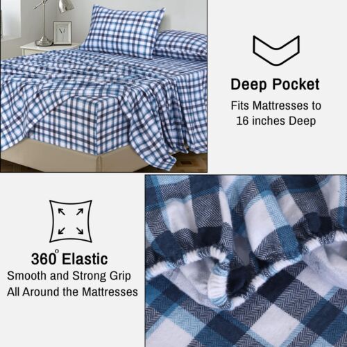 100% Cotton Flannel Sheet Set Deep Pockets Breathable Warm 170 GSM Cozy Soft - Image 293