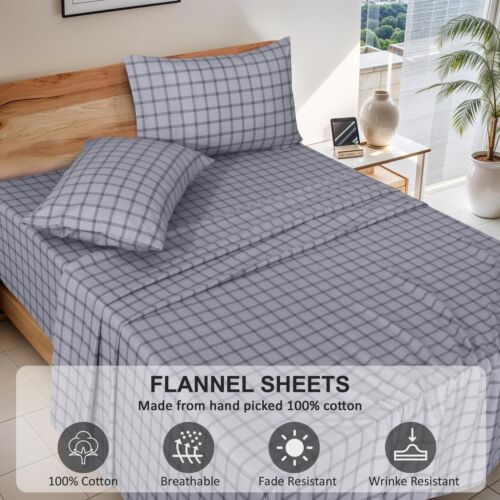 100% Cotton Flannel Sheet Set Deep Pockets Breathable Warm 170 GSM Cozy Soft - Image 368