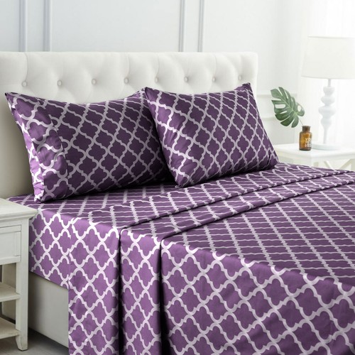 Bed Sheet Set 4 Piece Printed Deep Pocket Luxury Brushed Microfiber Sheets - Image 4