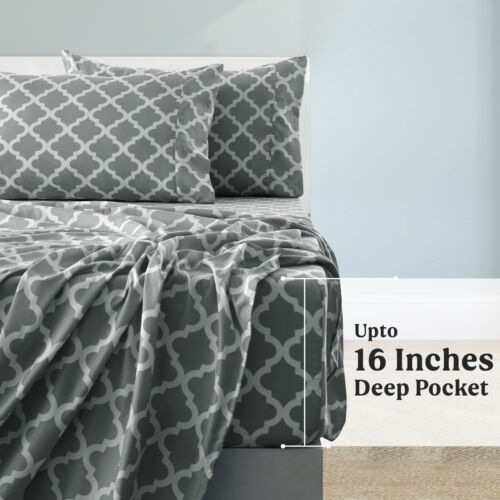 Bed Sheet Set 4 Piece Printed Deep Pocket Luxury Brushed Microfiber Sheets - Image 7