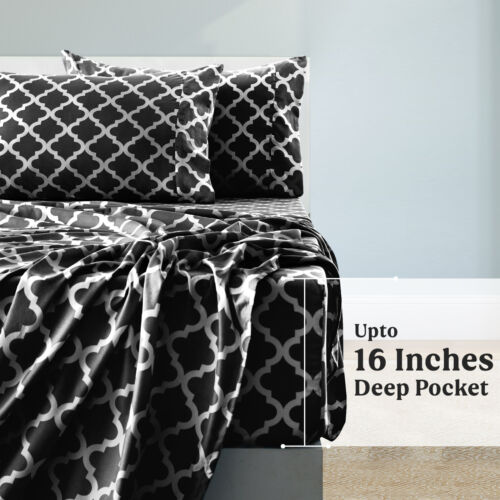 Bed Sheet Set 4 Piece Printed Deep Pocket Luxury Brushed Microfiber Sheets - Image 47