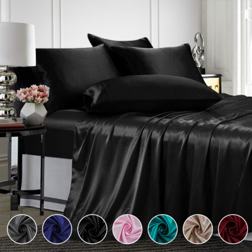 4 Pcs Smooth Satin Silk Sheet Set Deep Pocket Bed Sheet Wrinkle Fade Resistant - Image 2