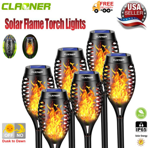 6Pack Flickering LED Solar Flame Tiki Torch Lights Outdoor Garden Yard Lawn Lamp - Image 2