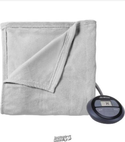 Sunbeam Electric Heated Warming Blanket Queen Gray Duel Control Channeled Plush - Image 2