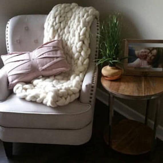 Ivory Chunky Knit Merino Wool Blanket: USA Handmade Throw (40x63) - Image 8