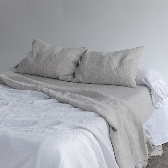 LINEN SHEETS SET. Natural linen bedding set. Top bed sheet, fitted sheet and two pillowcases seamless. - Image 9