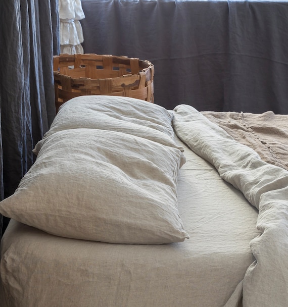 LINEN SHEETS SET. Natural linen bedding set. Top bed sheet, fitted sheet and two pillowcases seamless. - Image 7