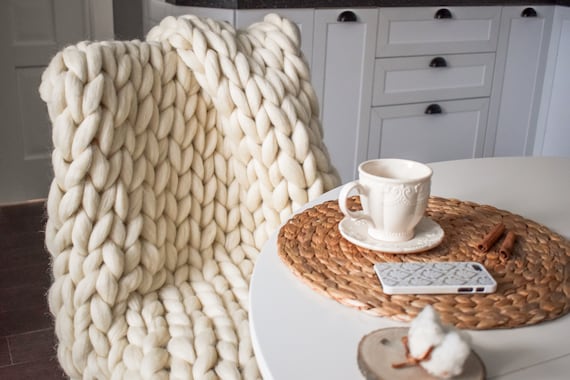 Ivory Chunky Knit Merino Wool Blanket: USA Handmade Throw (40x63) - Image 10