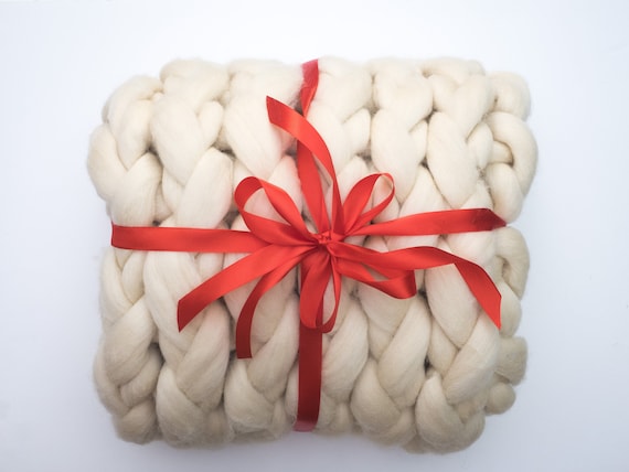 Ivory Chunky Knit Merino Wool Blanket: USA Handmade Throw (40x63) - Image 7