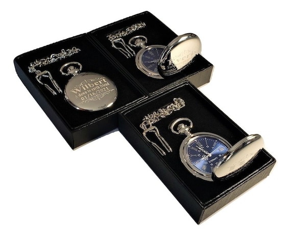 Personalized Pocket watch - Blue Roman Numerals engraved pocket watch - Personalized Pocket watch in gift box - Groomsmen gift - Men's watch - Image 6