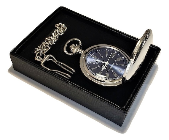 Personalized Pocket watch - Blue Roman Numerals engraved pocket watch - Personalized Pocket watch in gift box - Groomsmen gift - Men's watch - Image 9