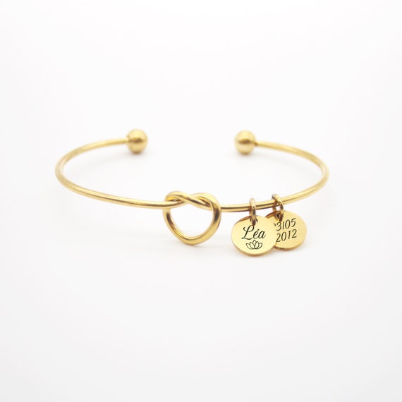 Personalized knot bangle bracelet with engraved medals, Mom gift, Godmother, EVJF jewelry, Birth gift, Mother's Day gift - Image 3