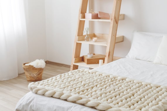 Ivory Chunky Knit Merino Wool Blanket: USA Handmade Throw (40x63) - Image 3
