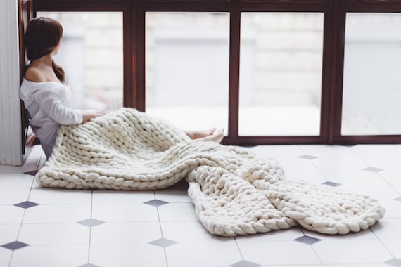 Ivory Chunky Knit Merino Wool Blanket: USA Handmade Throw (40x63) - Image 5