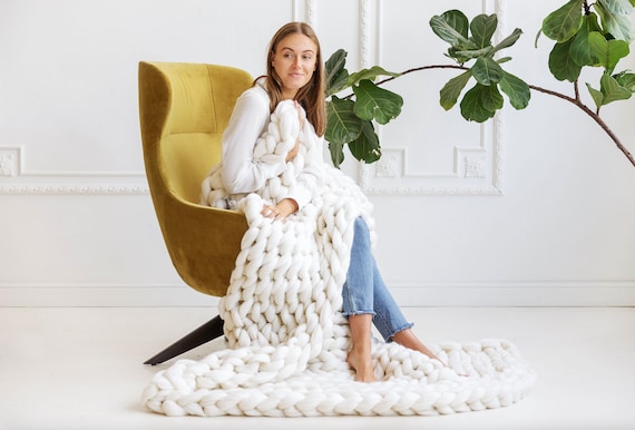 Ivory Chunky Knit Merino Wool Blanket: USA Handmade Throw (40x63) - Image 4