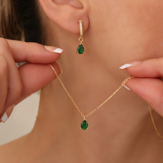 Dainty Pear Emerald Necklace Earrings Jewelry Set Green Pear Emerald Choker & Pave Emerald Earrings Wedding Jewelry Gift For Her Elegant Set