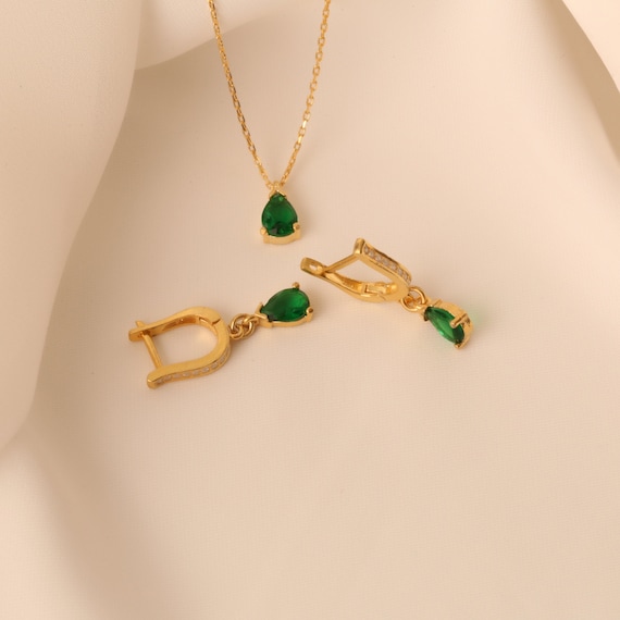 Dainty Pear Emerald Necklace Earrings Jewelry Set Green Pear Emerald Choker & Pave Emerald Earrings Wedding Jewelry Gift For Her Elegant Set - Image 4