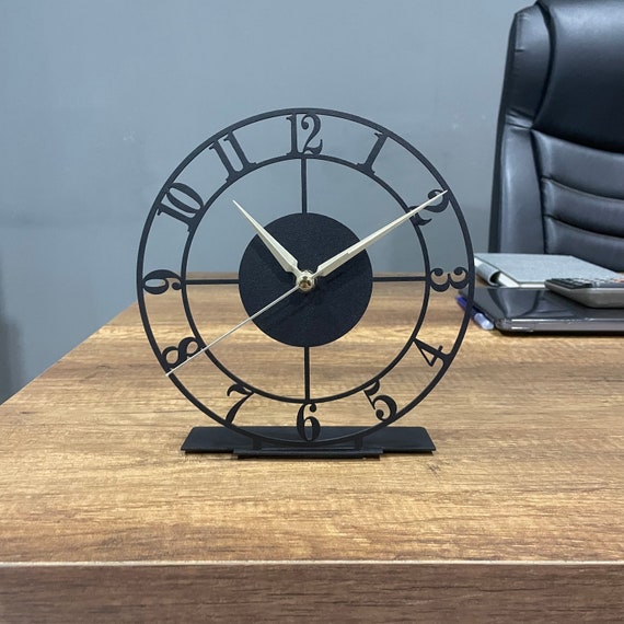 Metal Classic Desk Clock, Tabletop Clock with Numbers, Unique Design Home Office Clock, Silent Bedroom Clock, Gift for Office, Business Gift